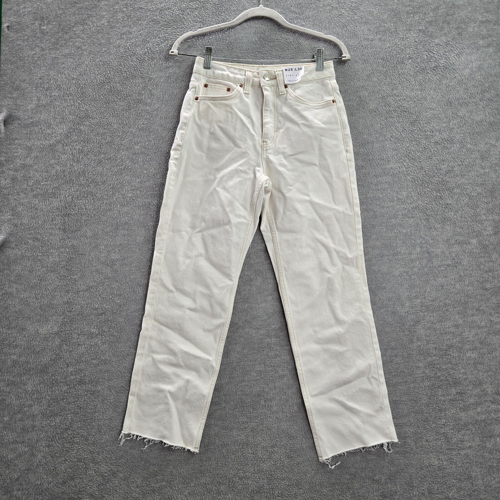 Topshop Women Jeans 25x30 White Denim Straight High Rise Pockets (26x25) READ